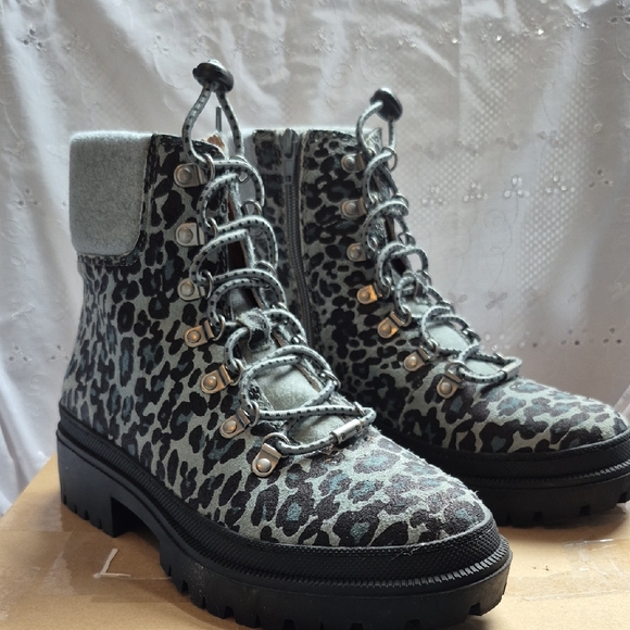Lucky Brand Shoes - Lucky Brand Eavan Gray Leopard Suede Combat Boots